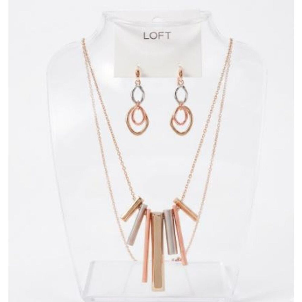 Ann Taylor LOFT Women's Tri Color Bar Necklace Link Earrings NWT 98